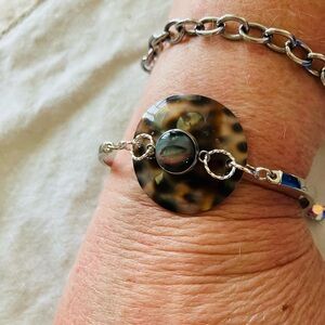 Handmade Seashell and Cabochon Silver Bracelet 7 1/2 Inches 2 Inch Extender